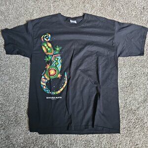 Riviera Maya Mexico Black Colorful Dot Art Lizard Size XL Short Sleeve Vacation